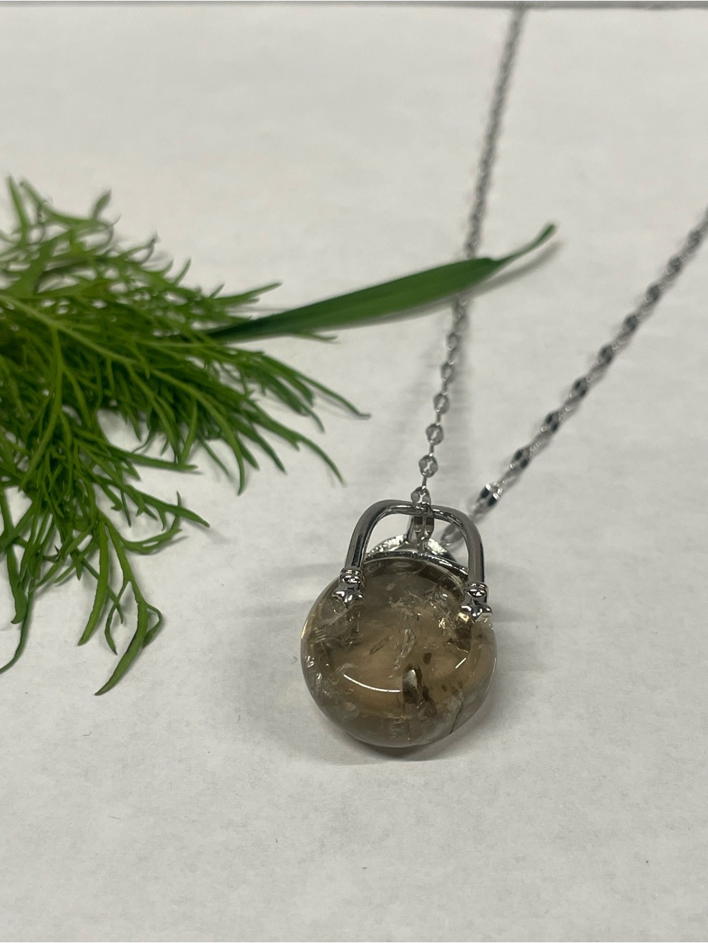Smoky Quartz Round Pendant Necklace in Silver Tone